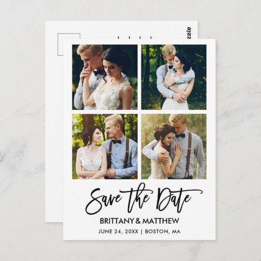 Modernes Pinselskript 4 Fotos Save the Date Postkarte (Vorne/Hinten)