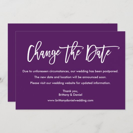 Modernes Pinselskript ändert das Datum der Lila Ka Save The Date (Vorne/Hinten)