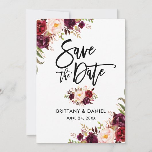 Modernes Pinselskript Burgundy Floral Save The Date (Vorderseite)