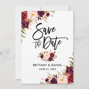 Modernes Pinselskript Burgundy Floral Save The Date