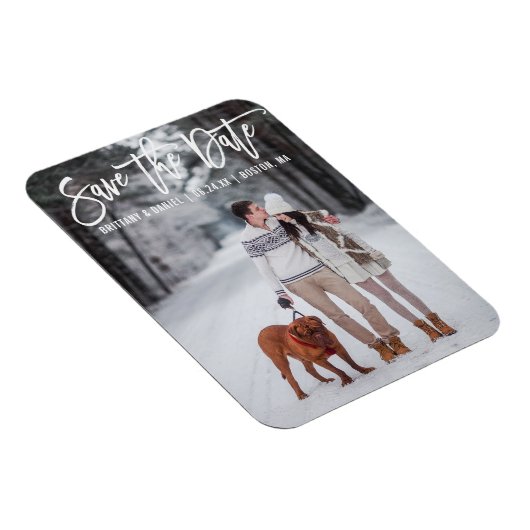Modernes Pinselskript Couple Foto Save the Date Magnet (Rechte Seite)