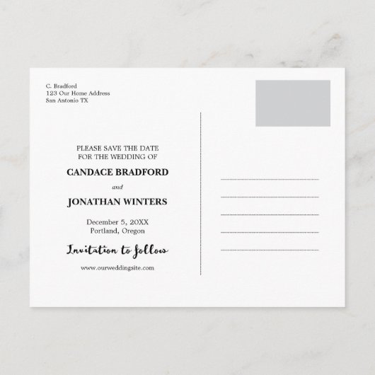 Modernes Pinselskript-Foto Save the Date Ankündigungspostkarte (Rückseite)