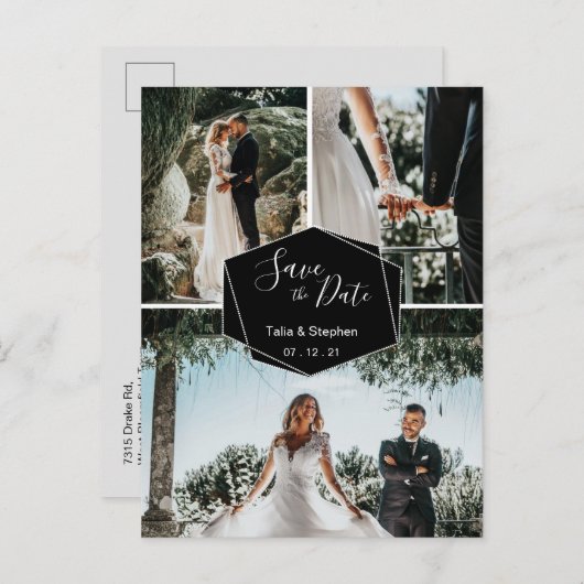 Modernes Pinselskript für 3 Fotos Rettete unser Da Ankündigungspostkarte (Vorne/Hinten)