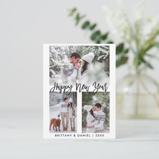 Modernes Pinselskript glücklich Neujahr 3 Foto Url Postkarte (Stehend Vorderseite)