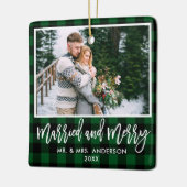 Modernes Pinselskript Grün Kariert Verheiratet und Keramikornament (Links)