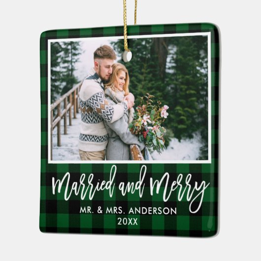 Modernes Pinselskript Grün Kariert Verheiratet und Keramikornament (Links)