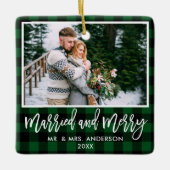 Modernes Pinselskript Grün Kariert Verheiratet und Keramikornament (Vorderseite)