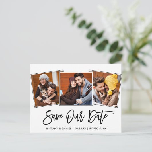 Modernes Pinselskript Rette unser Date 3 Foto Postkarte (Stehend Vorderseite)