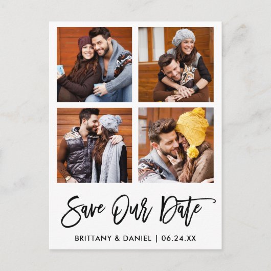 Modernes Pinselskript Rette unser Datum 4 FotoColl Postkarte (Vorderseite)