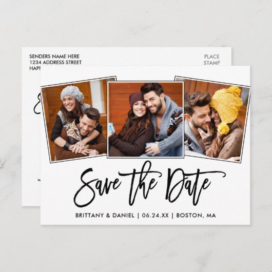 Modernes Pinselskript Save the Date 3 FotoCollage Postkarte (Vorne/Hinten)
