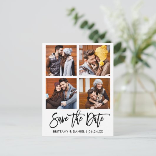 Modernes Pinselskript Save the Date 4 FotoCollage Postkarte (Stehend Vorderseite)