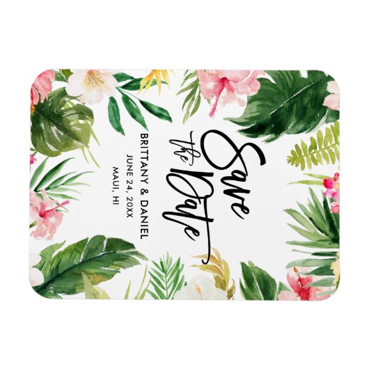Modernes Pinselskript Save the Date tropischer Flo Magnet (Horizontal)