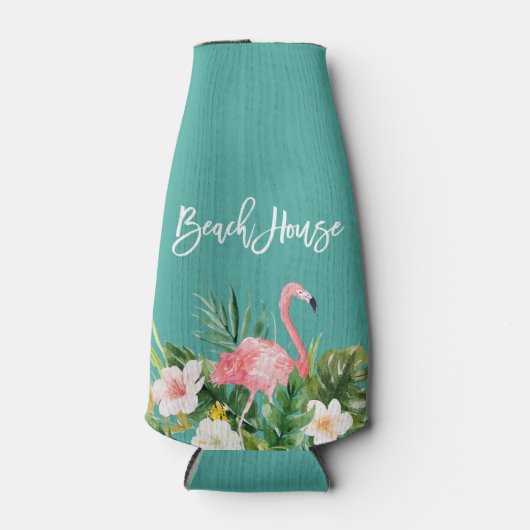 Modernes Pinselskript tropisches, florales Beach H Flaschenkühler (Vorderseite)