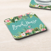 Modernes Pinselskript tropisches, florales Beach H Getränkeuntersetzer (Linke Seite)