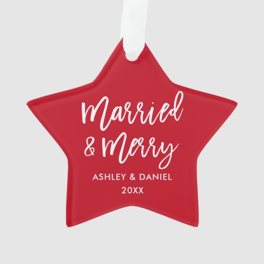 Modernes Pinselskript Verheiratet & Merry Wedding Ornament (Rückseite)