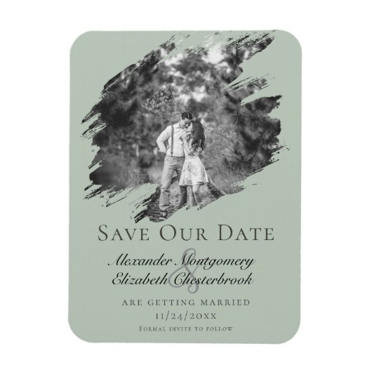 Modernes Pinselstrich-Foto Save the Date Sage Gree Magnet (Vertikal)