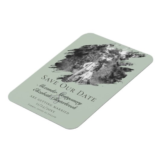 Modernes Pinselstrich-Foto Save the Date Sage Gree Magnet (Linke Seite)