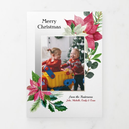 Modernes Poinsettia, Holly & Pine Foto Dreifach Gefaltete Karte (Cover)