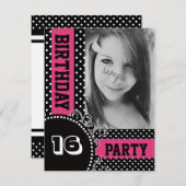 Modernes Polka Dots Pink Girl Party mit Foto Einladung (Vorne/Hinten)