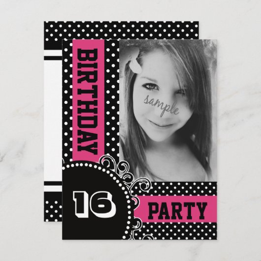 Modernes Polka Dots Pink Girl Party mit Foto Einladung (Vorne/Hinten)