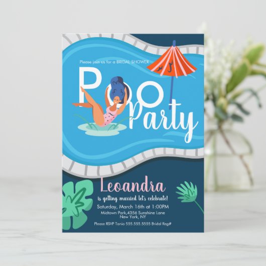 Modernes Pool Party Brautparty Erwachsene Einladun Einladung (Stehend Vorderseite)