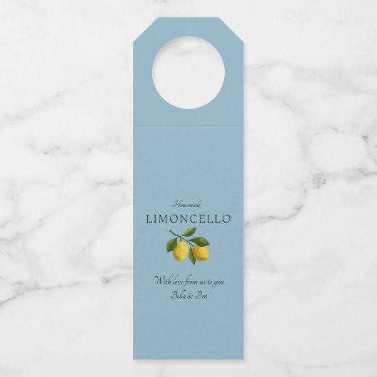 Modernes Powder Blue Lemon Event Wedding Limoncell Flaschenanhänger (Vorderseite)