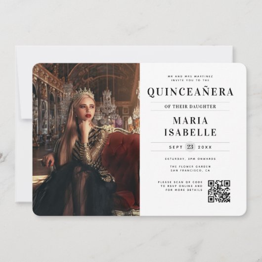 Modernes Prinzessin-Foto QR-Code Quinceñera Einladung (Vorderseite)