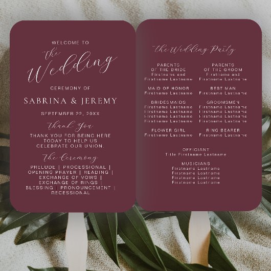 Modernes Programm zur Hochzeit von Burgund-Kalligr Fächer