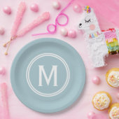 Modernes Pulver Blue Custom Round Gerahmt Monogram Pappteller (Party)