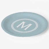 Modernes Pulver Blue Custom Round Gerahmt Monogram Pappteller (Schrägansicht)