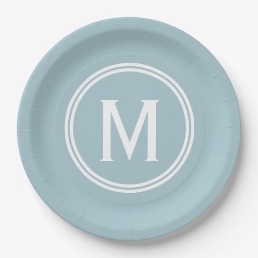 Modernes Pulver Blue Custom Round Gerahmt Monogram Pappteller (Vorderseite)