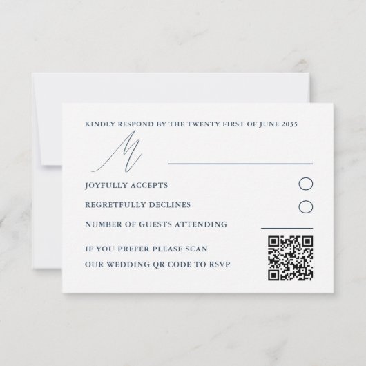 Modernes QR Code Blue & Silver Foliage UAWG Weddin RSVP Karte (Rückseite)