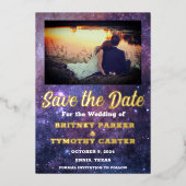 Modernes QR Code Foto Celestial Galaxy Hochzeit Folieneinladung (Vorderseite)