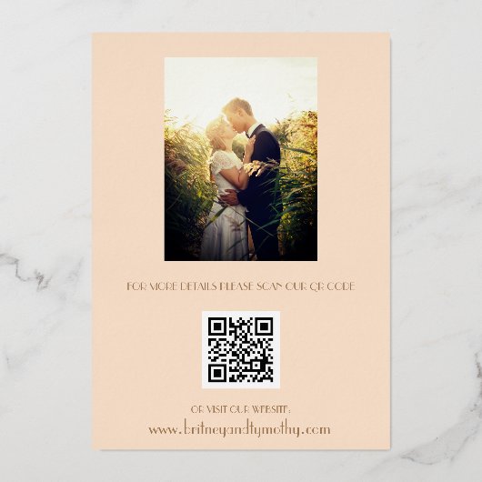 Modernes QR Code Foto Champagne Script Wedding Foi Folieneinladung (Rückseite)