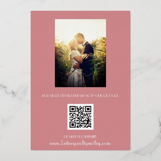 Modernes QR Code Foto Dusty Rose Script Wedding Folieneinladung (Rückseite)