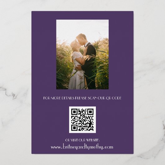 Modernes QR Code Foto Kalligrafie Script Hochzeit Folieneinladung (Rückseite)