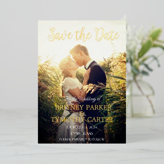 Modernes QR Code Foto Script Navy Blue Wedding Folieneinladung (Stehend vorne)