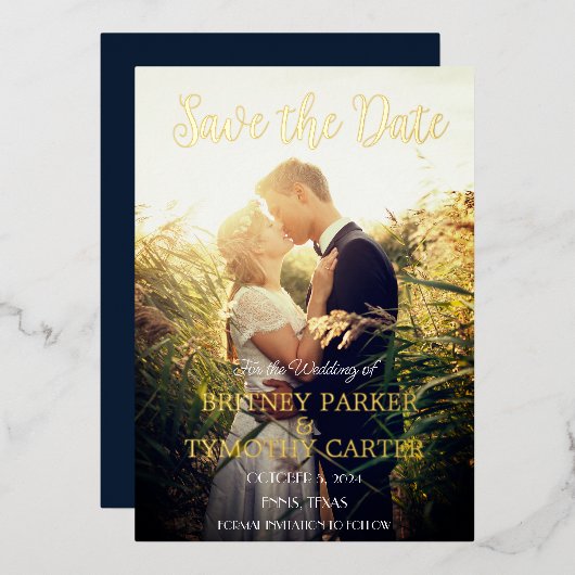 Modernes QR Code Foto Script Navy Blue Wedding Folieneinladung (Vorderseite/Rückseite)