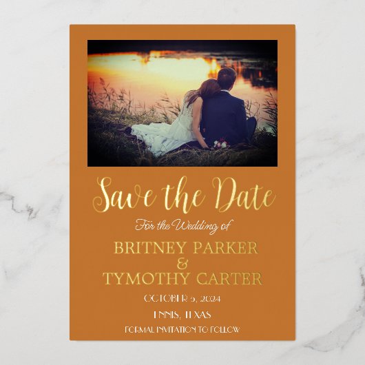 Modernes QR Code Foto Script Terracotta Wedding Folieneinladung (Vorderseite)