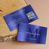 Modernes QR-Code gepinselt Metallic Blue Monogram Visitenkarte
