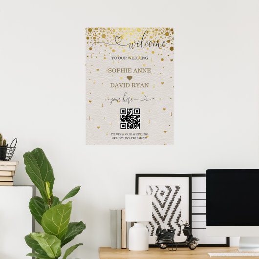 Modernes QR Code Gold Confetti Wedding Begrüßungsz Poster (Heimbüro)