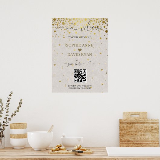 Modernes QR Code Gold Confetti Wedding Begrüßungsz Poster (Küche)