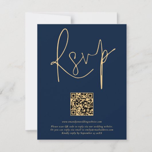 Modernes QR Code Gold Navy Blue Script Hochzeit RSVP Karte (Vorderseite)