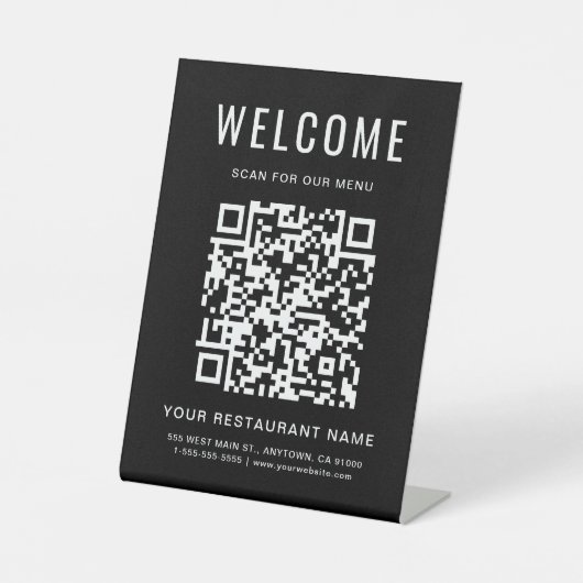 Modernes QR Code Restaurant Menü Black Tabletop Sockelschild (Vorderseite)