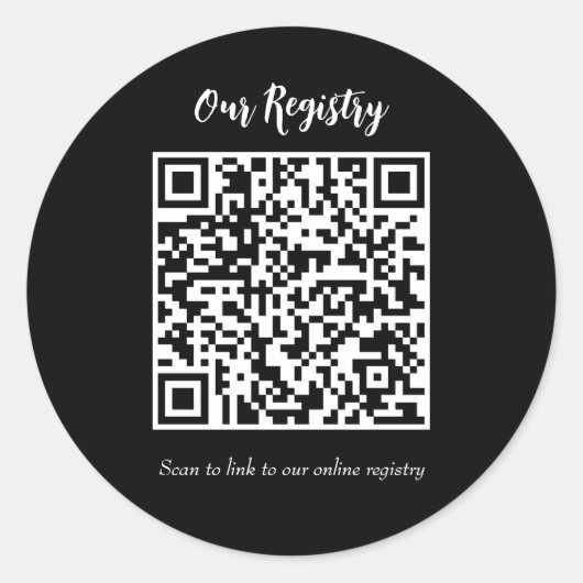 Modernes QR Code Scanable Wedding Registry Runder Aufkleber (Vorderseite)