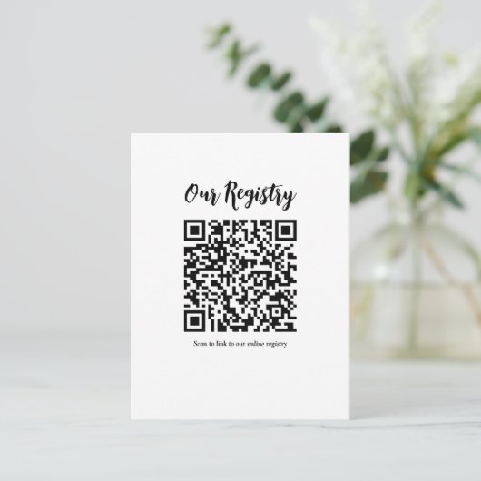 Modernes QR Code Scannable Wedding Registry Postkarte (Stehend Vorderseite)