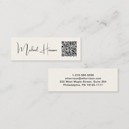 Modernes QR Code Signature Script Cream Mini Visitenkarte (Vorne/Hinten)