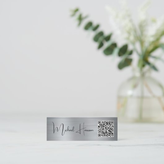 Modernes QR Code Signature Script Silver Mini Visitenkarte (Stehend Vorderseite)