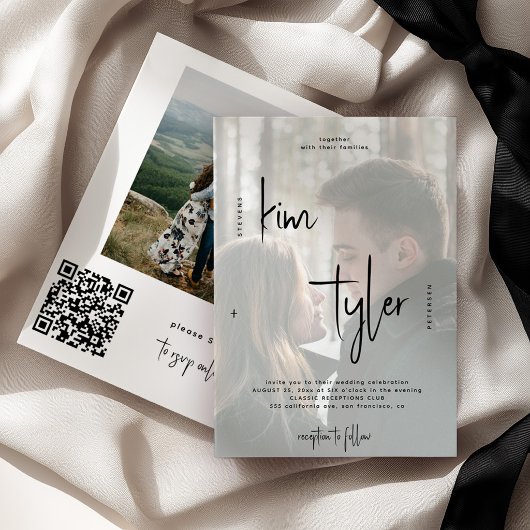Modernes QR CODE Skript heißt 2 Fotos Hochzeit Einladung