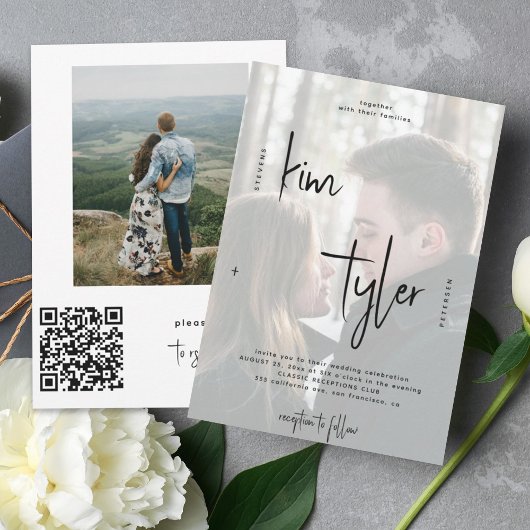Modernes QR CODE Skript heißt 2 Fotos Hochzeit Einladung